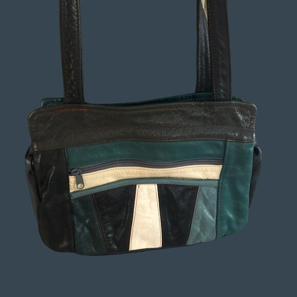 Leather Shoulder Bag Multi-Color Patchwork W/Zippered Pockets VTG - Picture 4 of 6